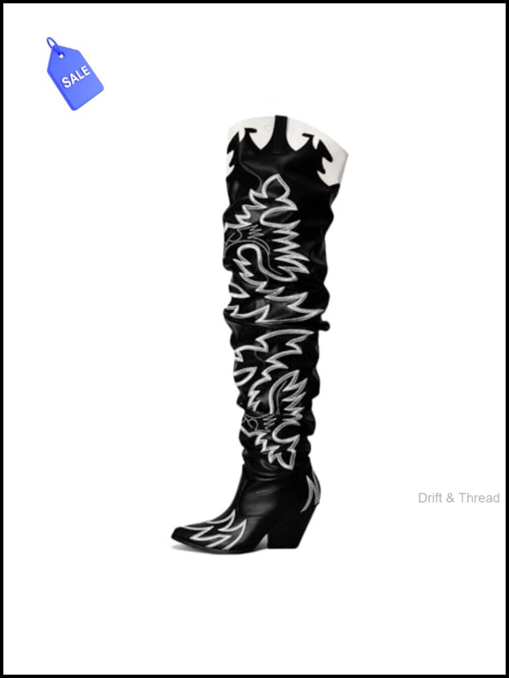 Faux Leather Western Thigh High Boots Chunky Heel Pointed Toe Pull On